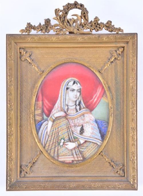 a fine indian portrait of a lady on ivory in an ormolu frame