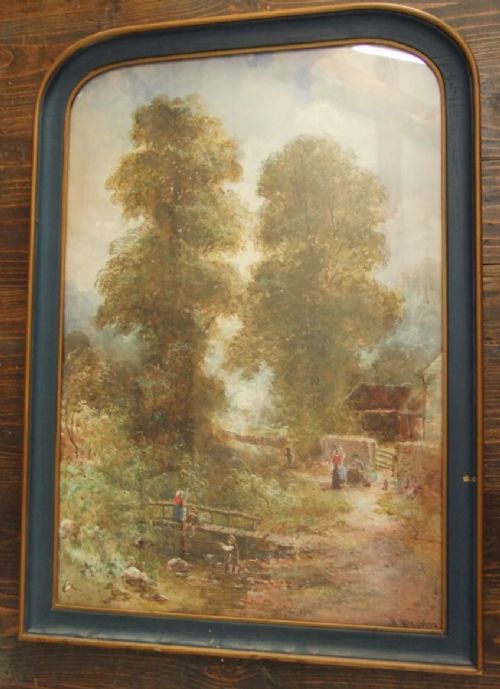 c19th gouache study of a landscape in a painted arched top frame