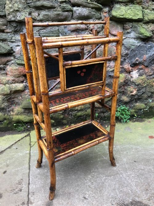 c19th lacquered panelled bamboo canterbury stand