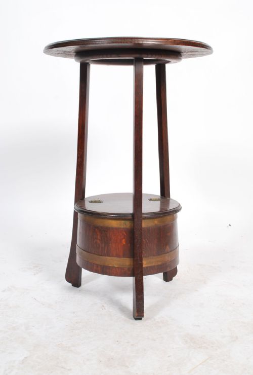 edwardian arts and crafts table with coopered barrelled lidded base
