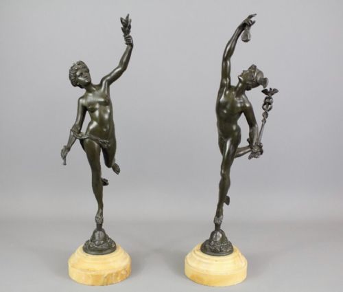 two late c19th bronzes of hermes and fortuna