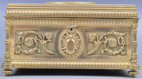 early c19th palaise royal gilded bronze casket with painting on ivory panel to the top