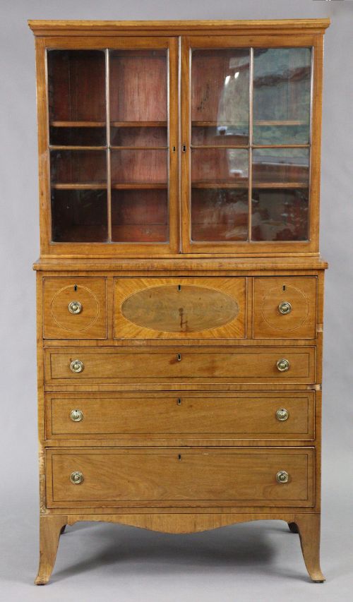 early c19th inlaid mahogany cabinet on chest