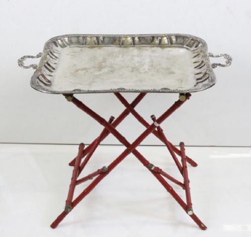 silver plated tray on bamboo and silver plate base