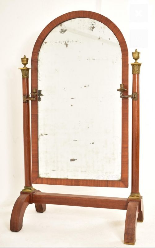 mahogany and brass cheval mirror with brass articulated candle holders