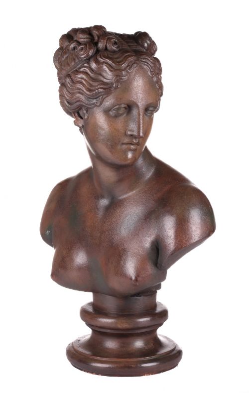 large plaster bust of diana painted to simulate bronze