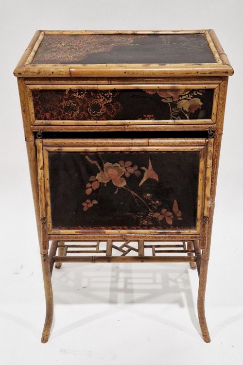 c19th bamboo and japanned lacquer panelled sewing table