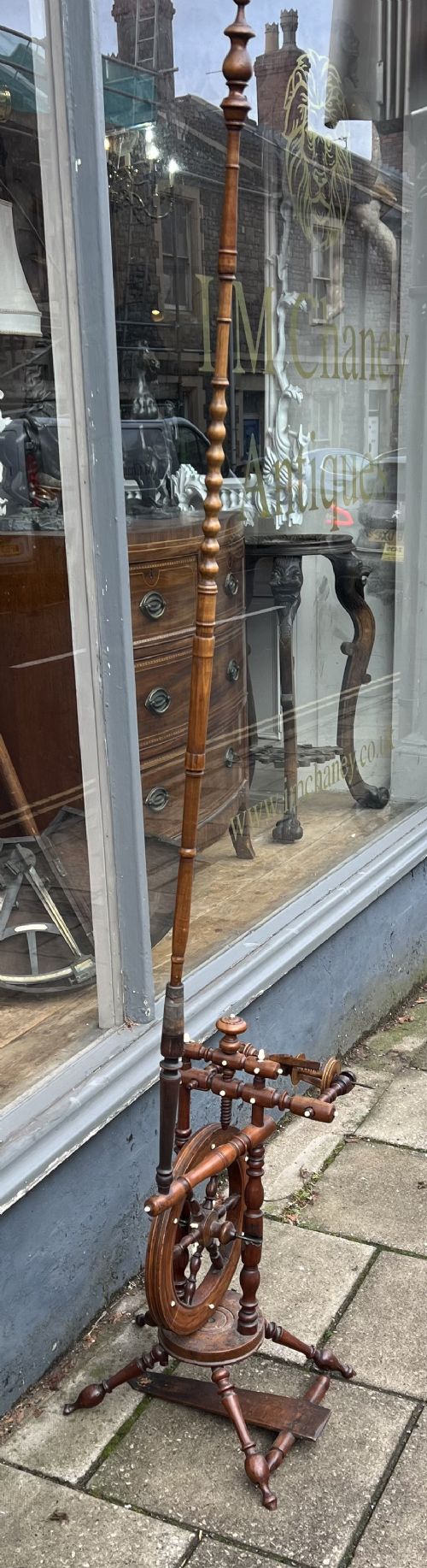 c19th french fruitwood and bone spinning wheel