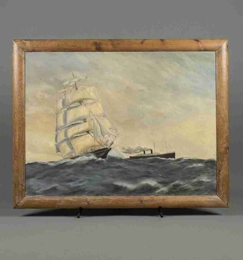 large oil painting on canvas of a sailing ship
