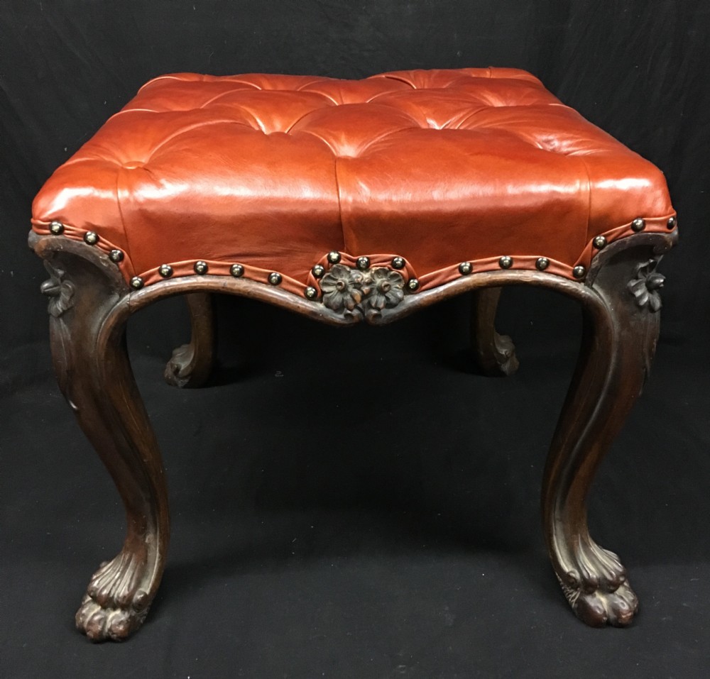 c19th deep buttoned leather mahogany stool
