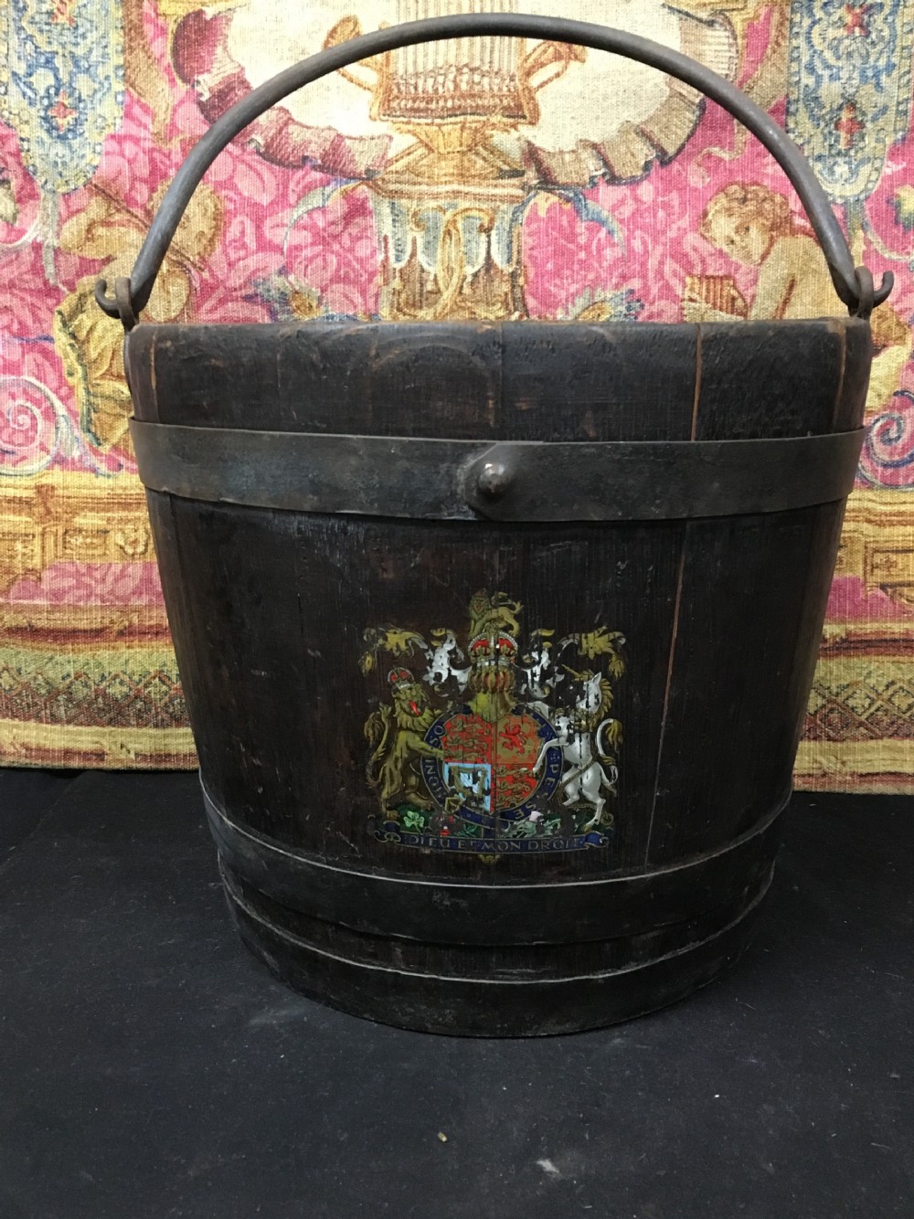 c19th oak metal bound bucket with royal crest