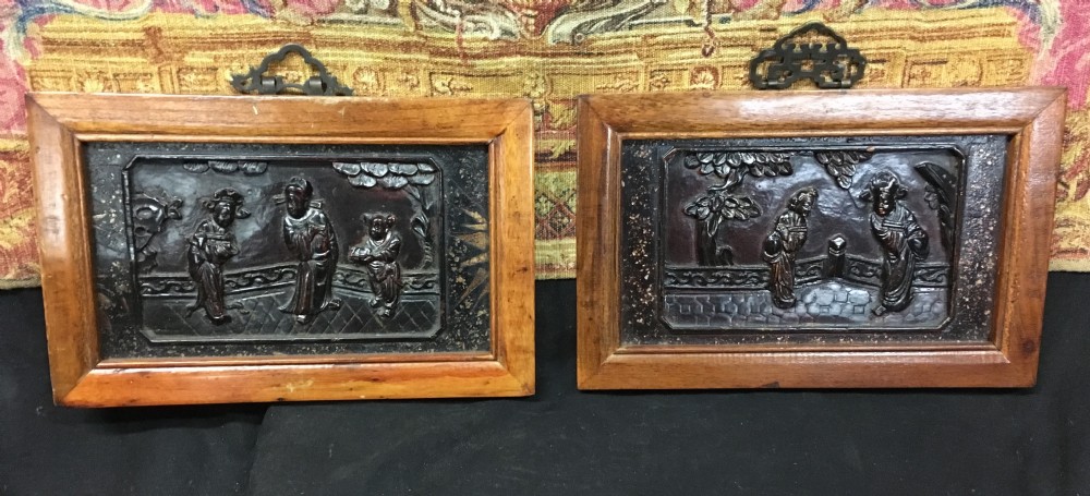 c19th pair of chinese lacquer panels in modern chinese frames