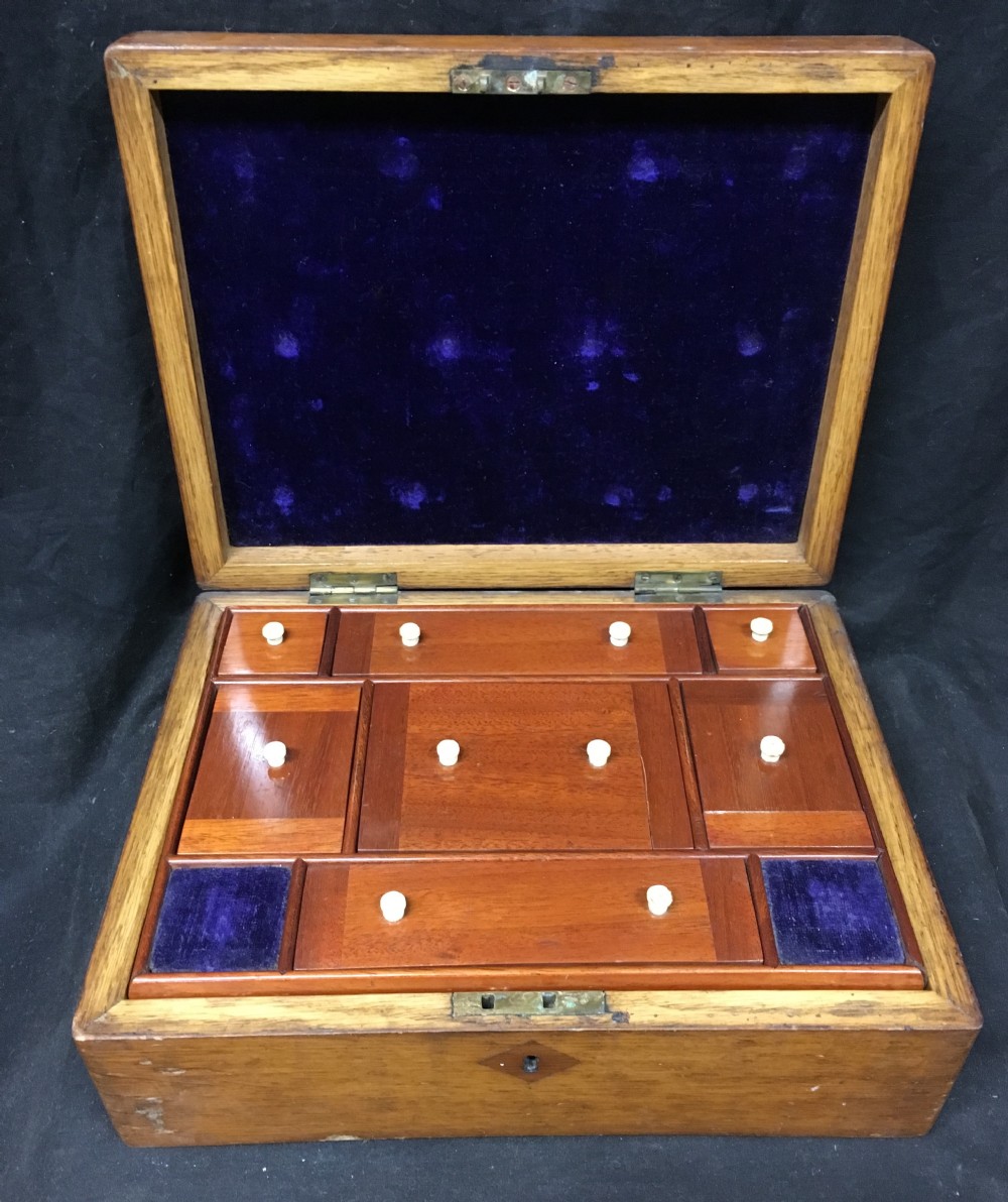 c19th well fitted oak and inlaid jewellery box