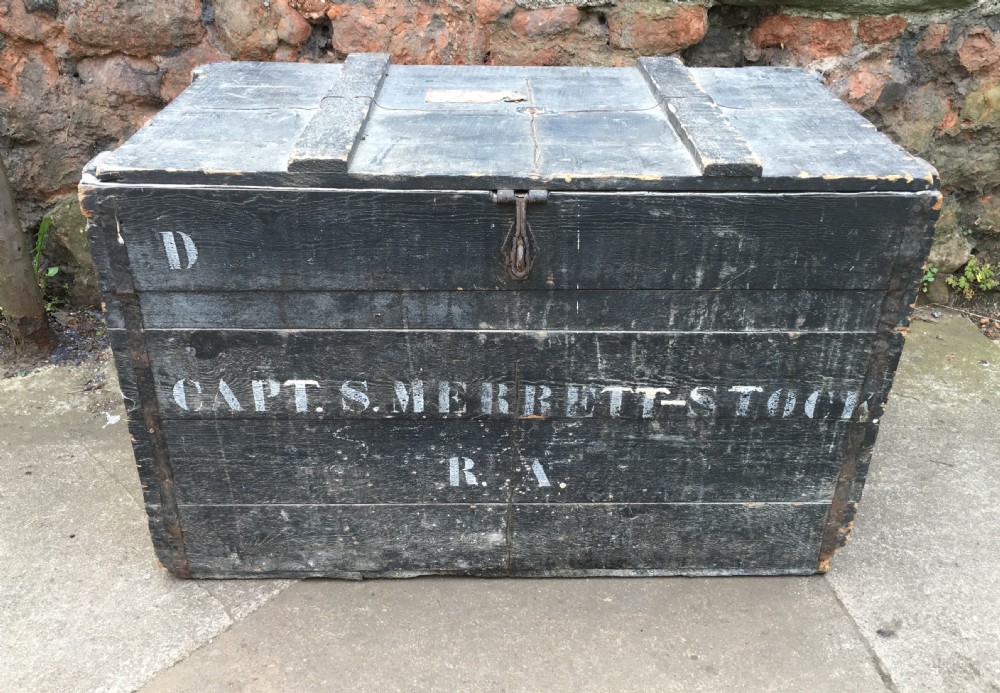 c19th tin lined pine trunk marked captain s merrett stock