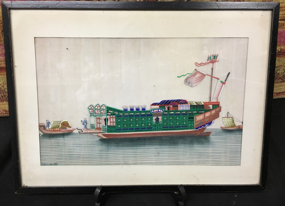 c19th chinese painting on pith paper of a large boat