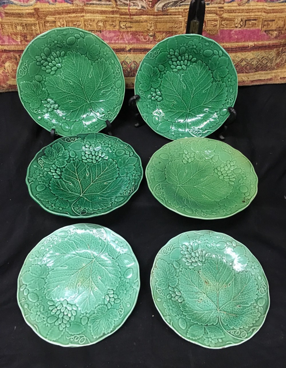 c19th set of six majolica leaf plates