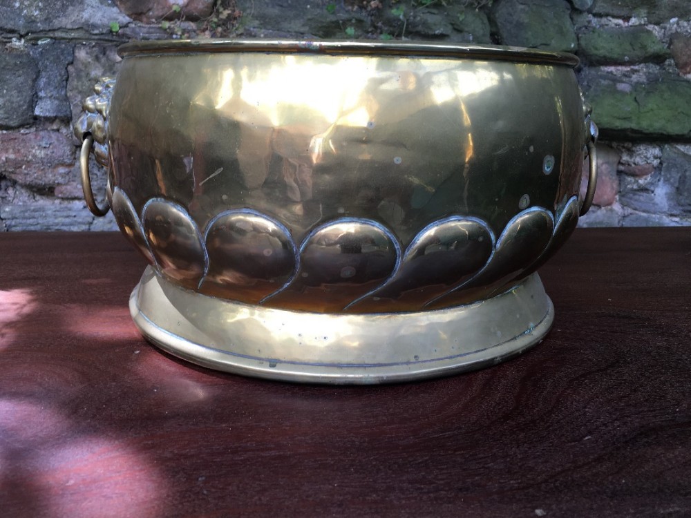 c19th brass planter with lion ring handles