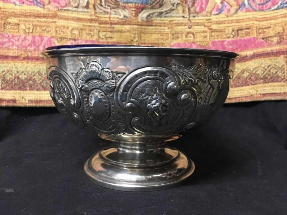 large hallmarked silver bowl with blue glass liner