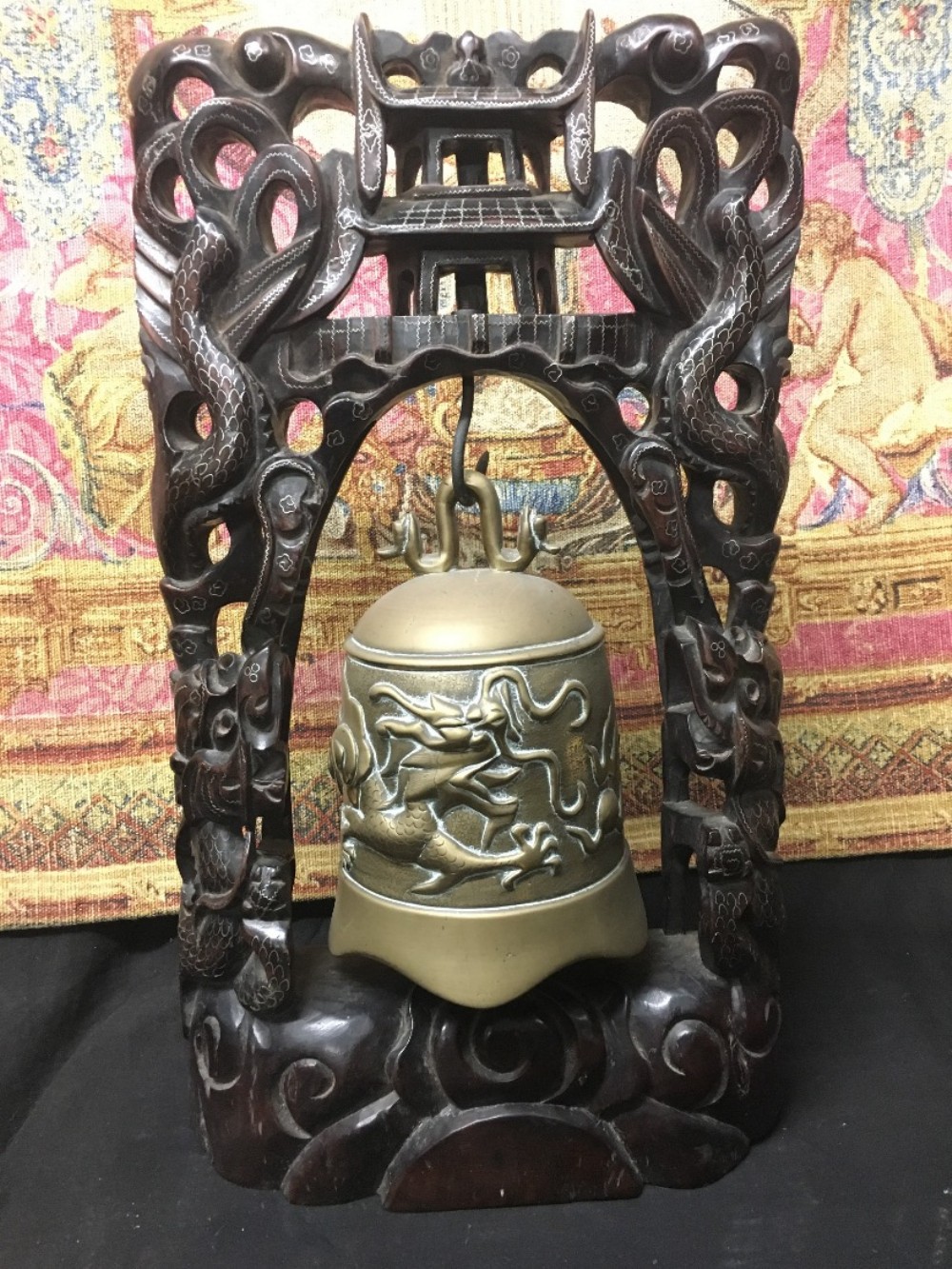 c19th chinese carved wood inlaid with silver temple gong and stand