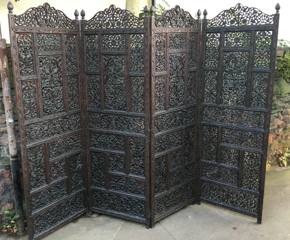 c19th large indian carved wood room divider screen