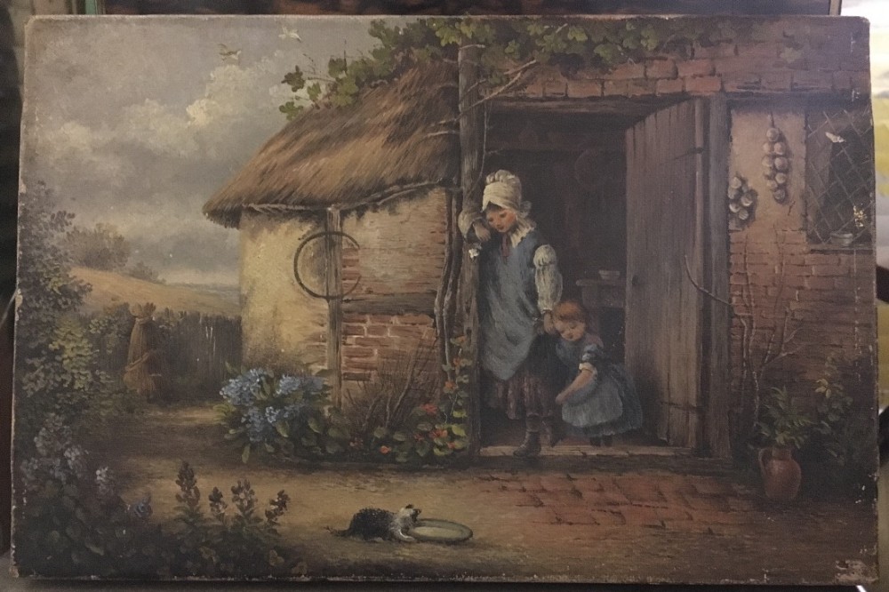 c19th small oil painting on canvass of a farmyard scene