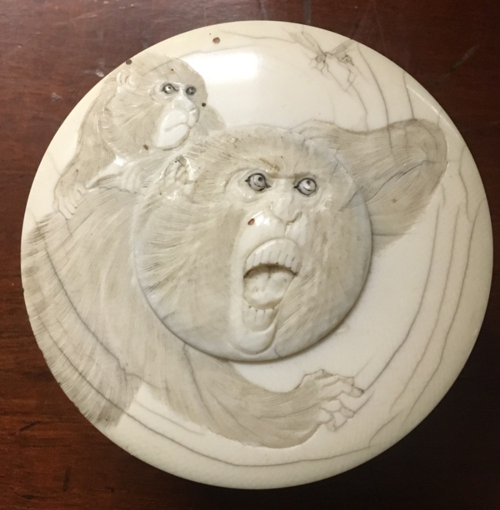 c19th japanese ivory round box with a a baboon and a monkey