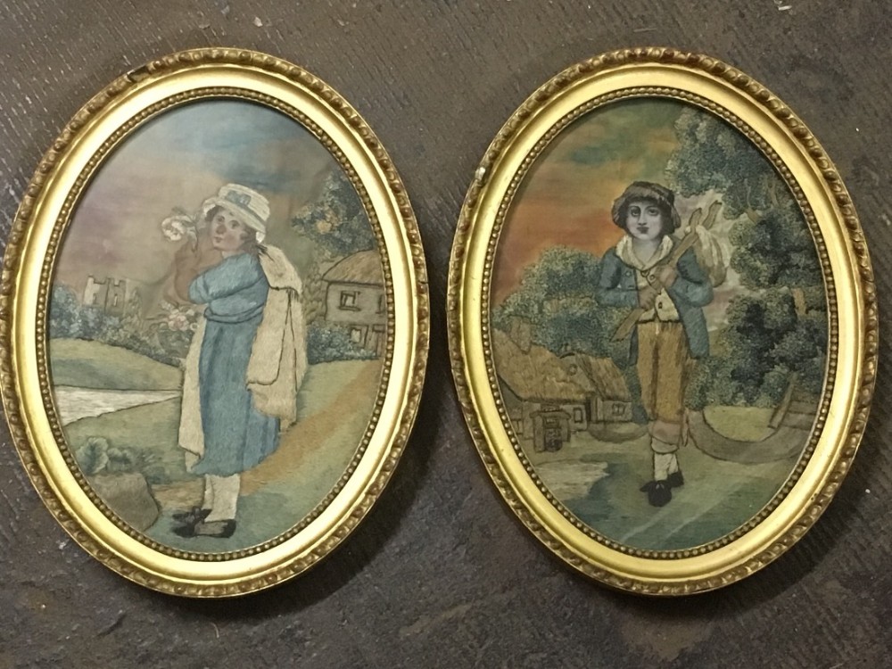 pair of embroideries of a boy and a girl on silk