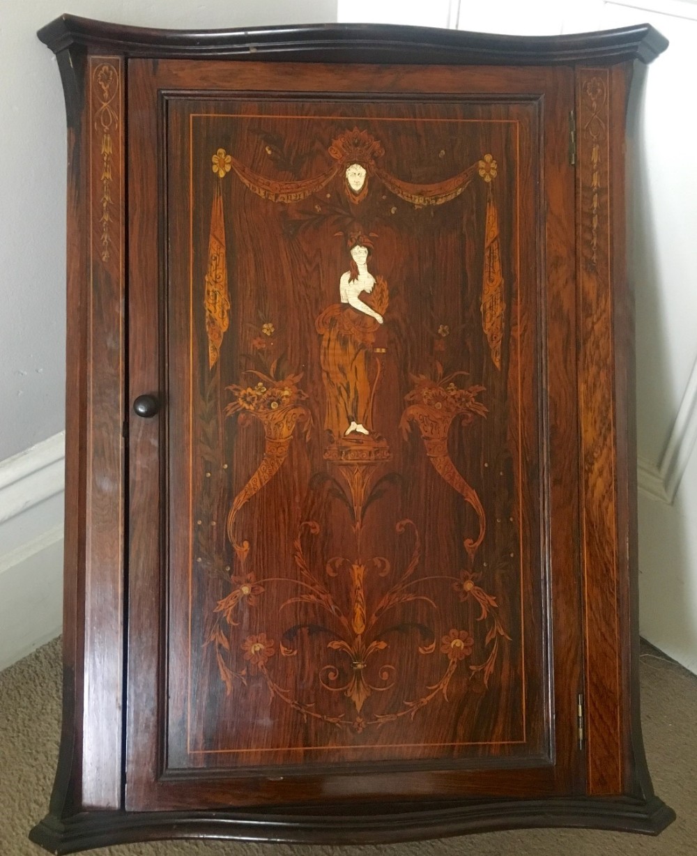 small inlaid corner wall cupboard in rosewood and marquetry