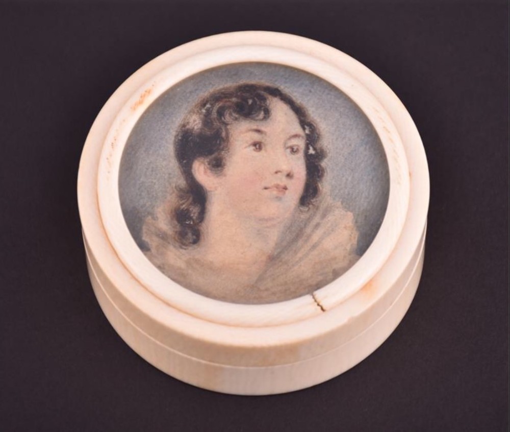 c19th portrait miniature of a young lady inset in an ivory round box