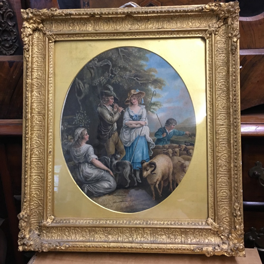c19th gouache study of a shepherdess and a musician