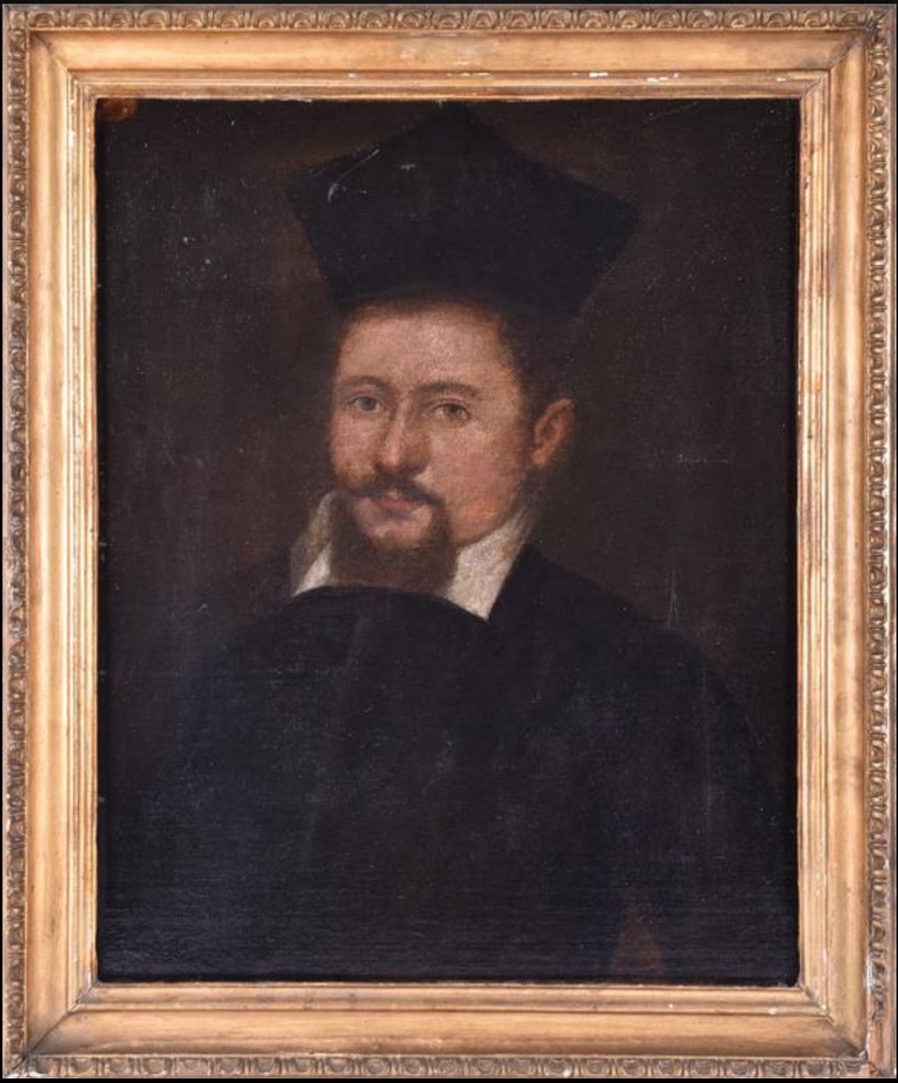 c18th oil painting on canvas of a priest in carved giltwood frame