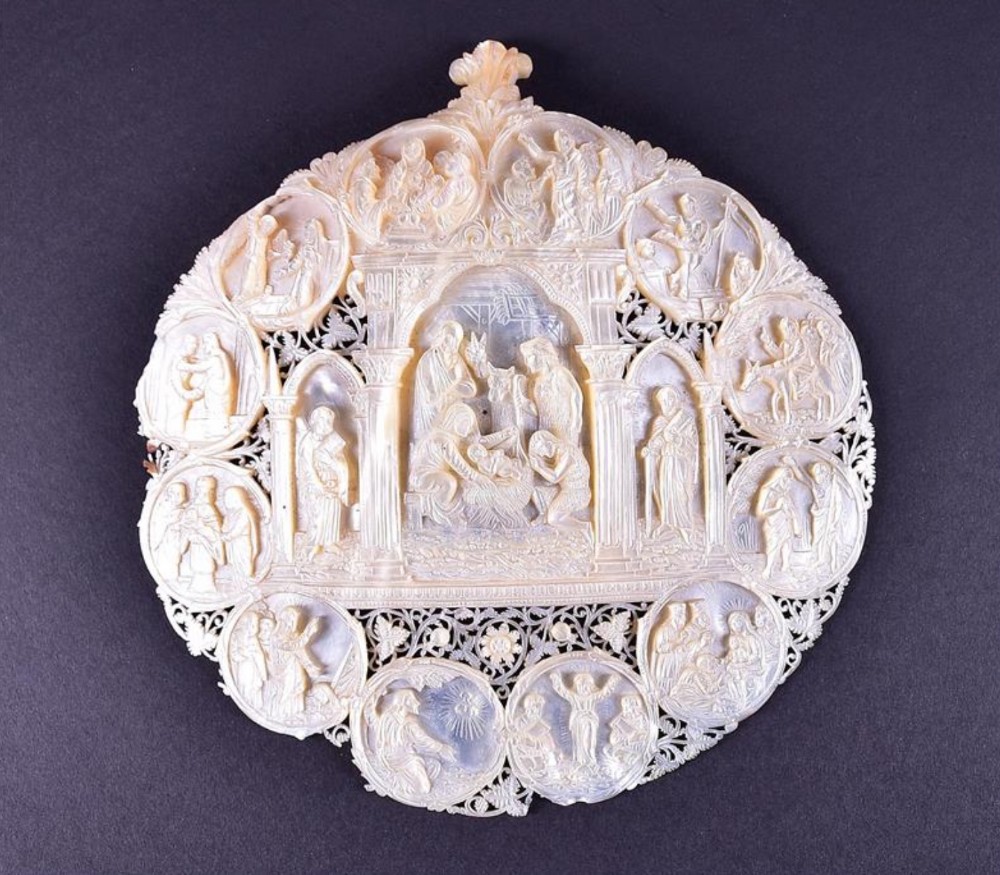 a finely carved 19th century motherofpearl devotional 'pilgrim's plaque'