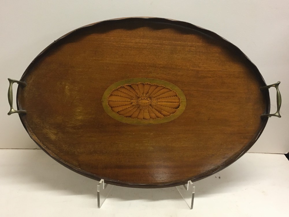 edwardian inlaid oval tray with brass handles