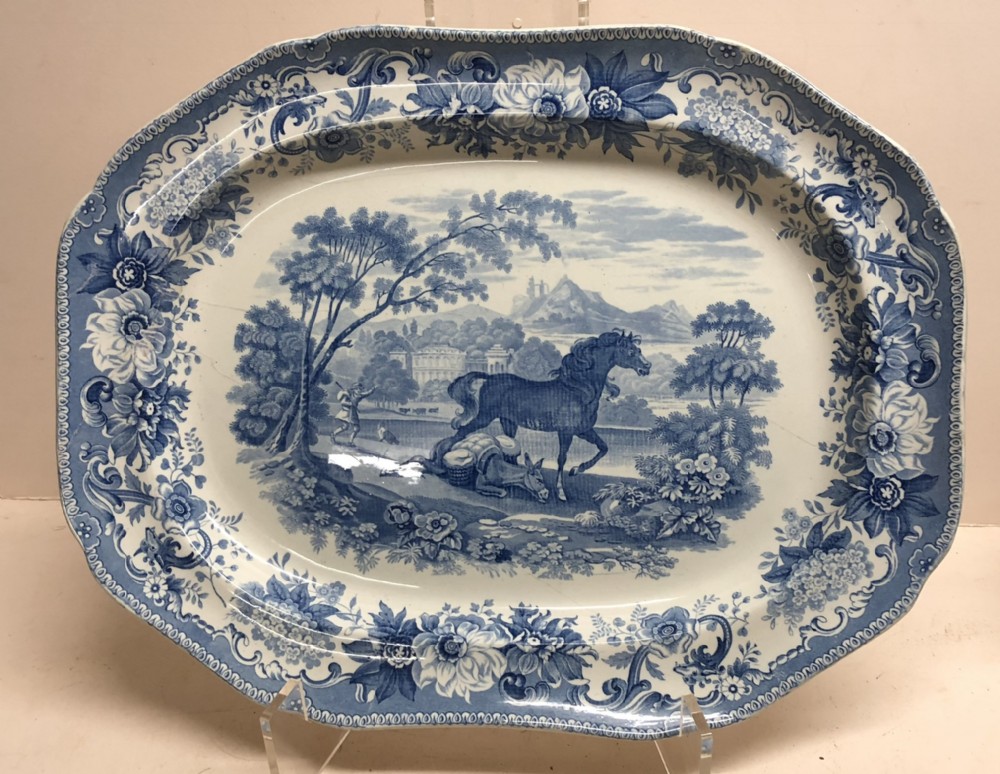 c19th large bw meat plate depicting the horse and the loaded ass from aesops fables