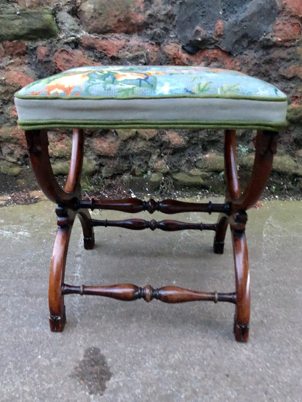 c19th small rosewood x framed stool with tapestry cover