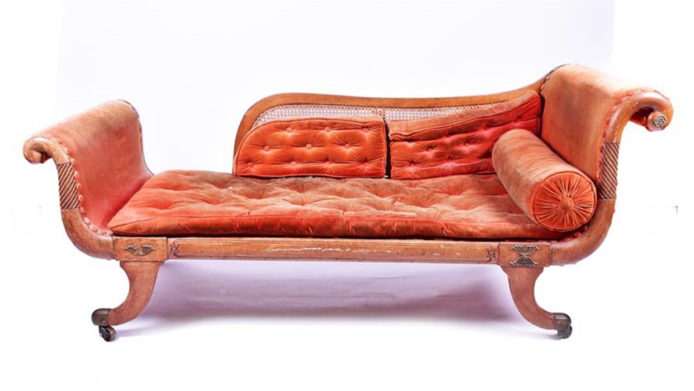 a regency mahogany scrolled arm chaiselongue