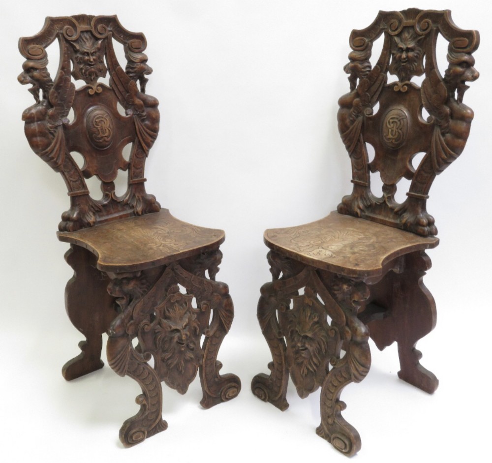 c19th pair of sgabello walnut carved hall chairs