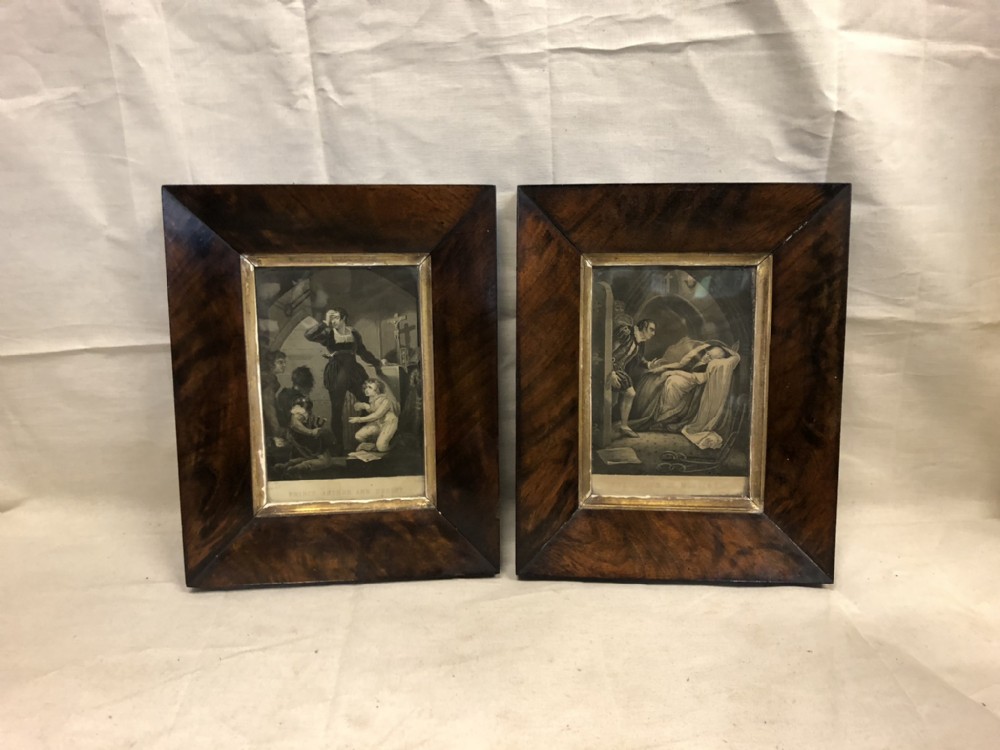 pair of framed engravings of shakespearean plays in mahogany frames