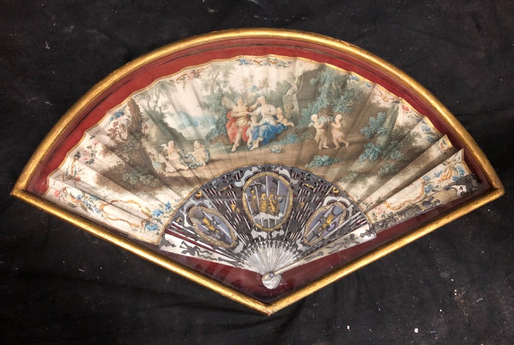 c18th painted fan in old frame