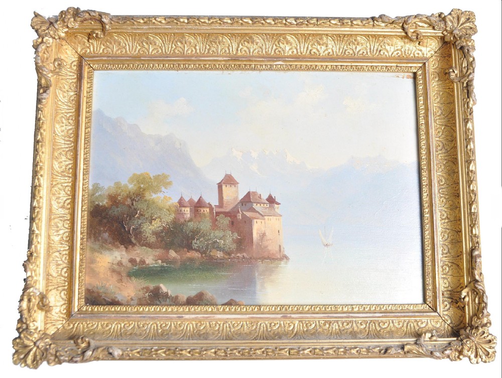 c19th swiss oil painting of chateau de chillon