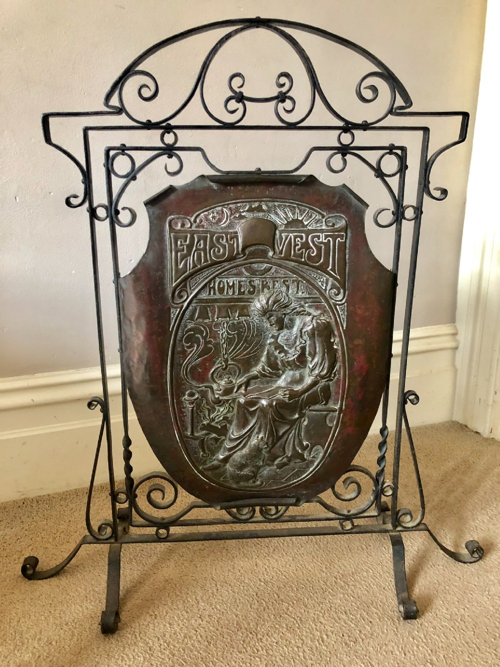 arts and crafts fire screen in copper and wrought iron