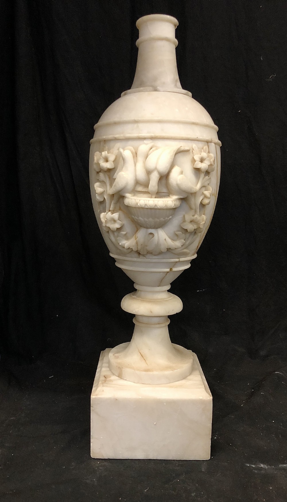 c19th large alabaster vase with carved birds