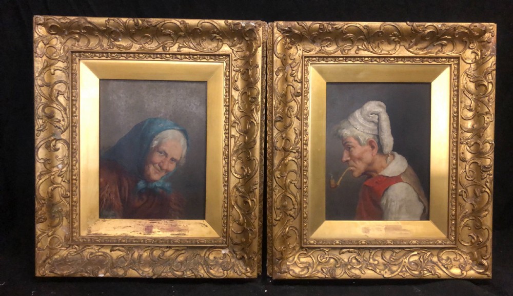 pair of oil paintings of an old man and a woman italian m bicci napoli