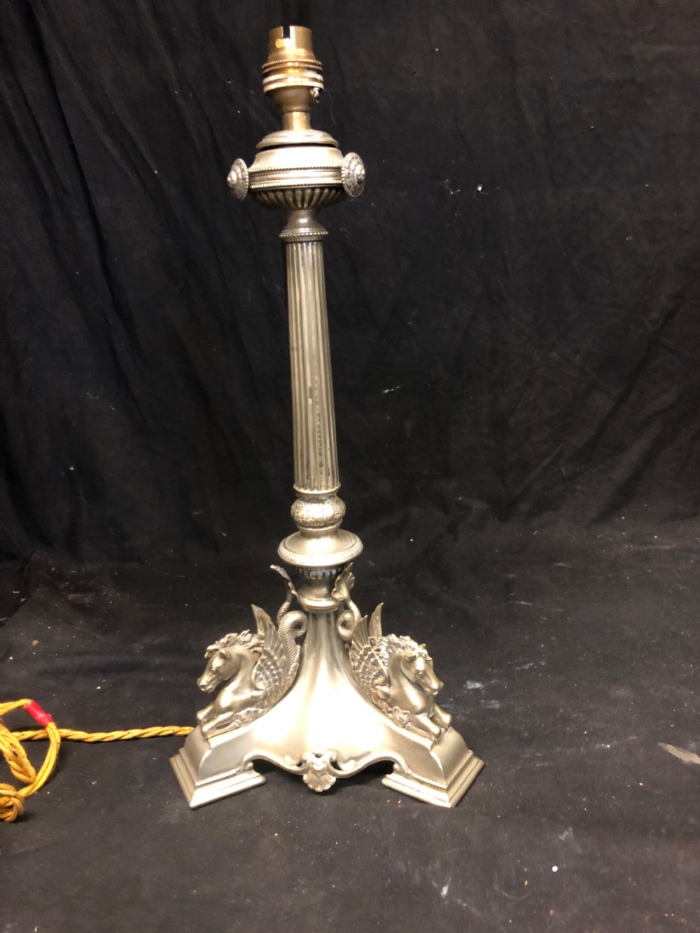 edwardian plated table lamp with hippocampus to the base