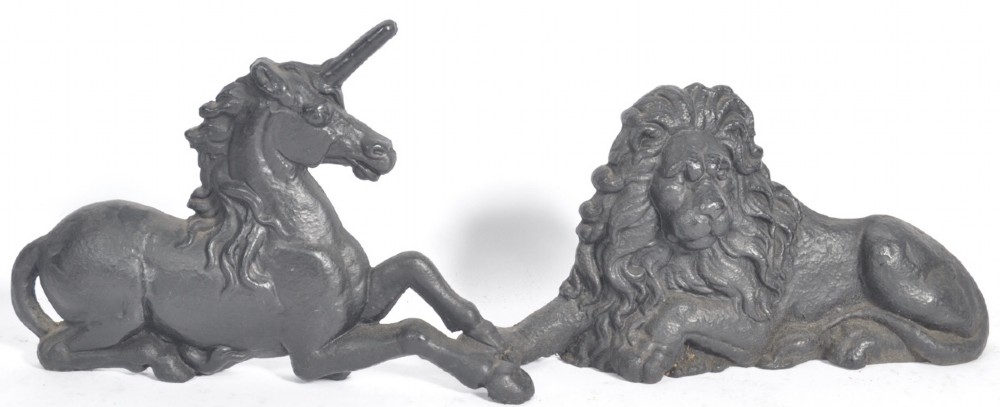 c19th lion and unicorn large cast iron andirons