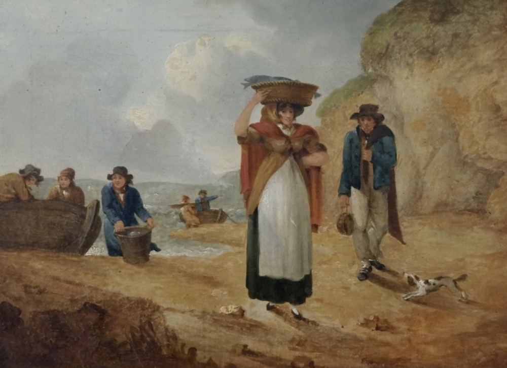 early c19th oil on canvas of a fishlass with fishermen in boats dorset coast