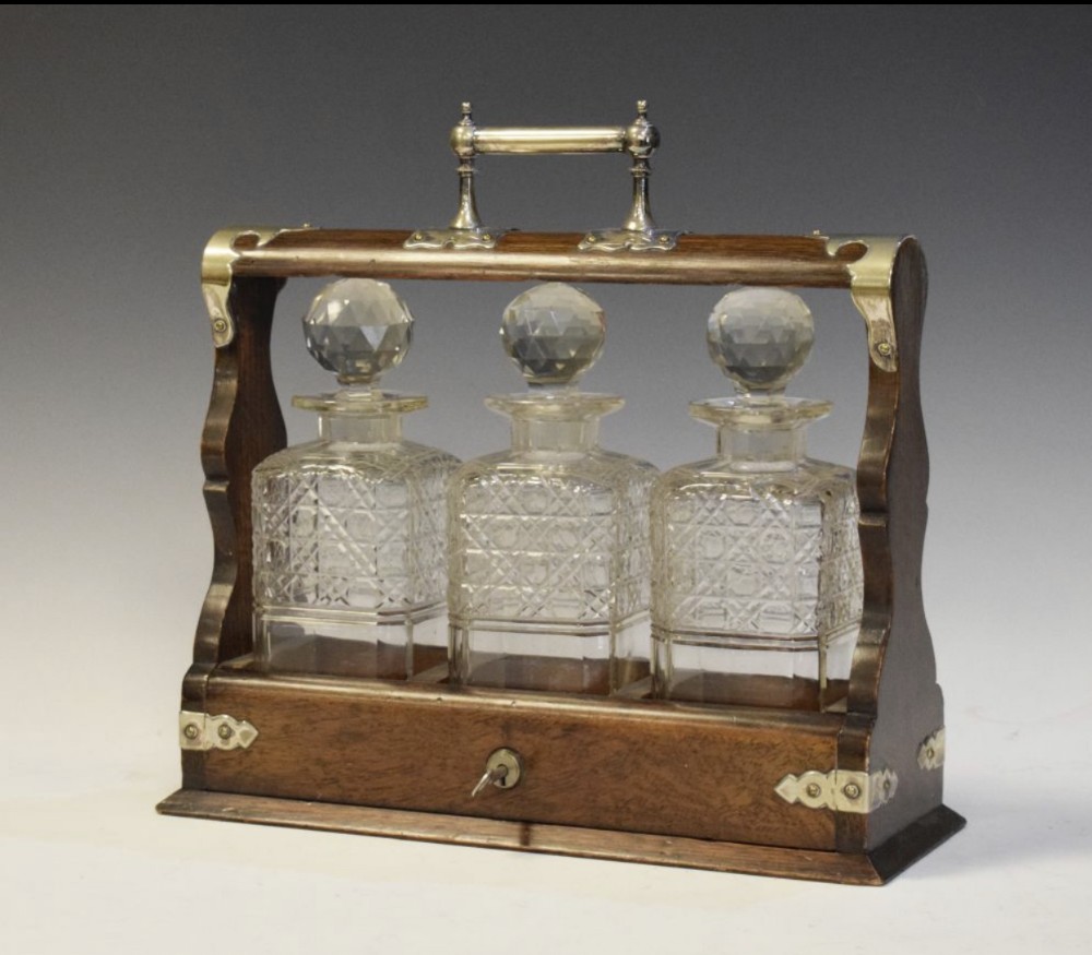 c19th oak and silver plate mounted three bottle tantalus