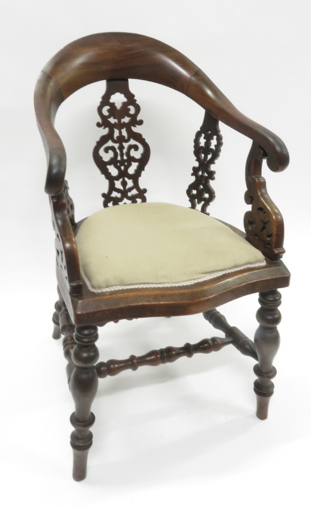 c19th curved armed desk chair with fretted back