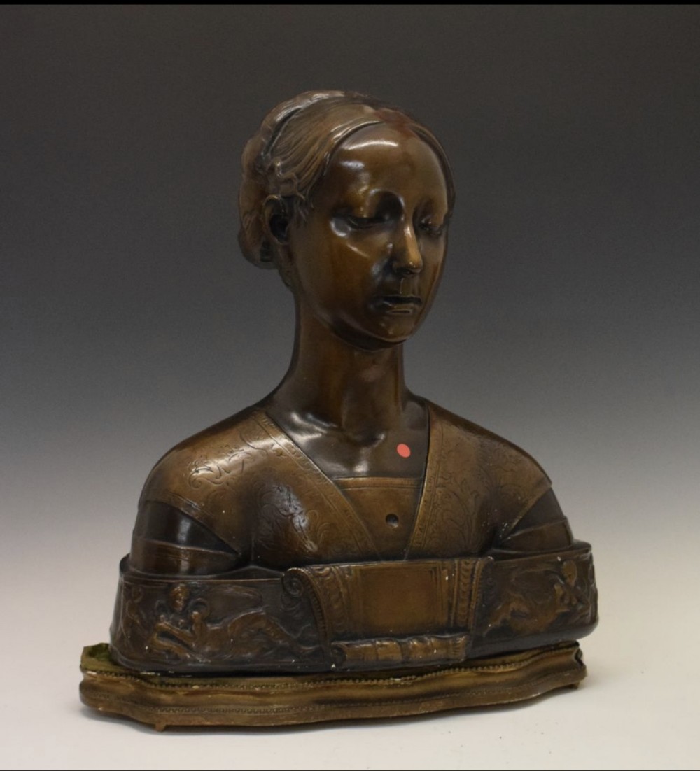 early c20th plaster bust of a renaissance woman on a gilded wooden stand
