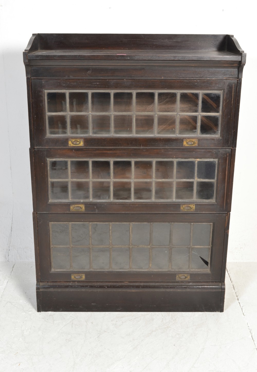 early c20th mahogany globe wernicke style 3 section leaded glass bookcase